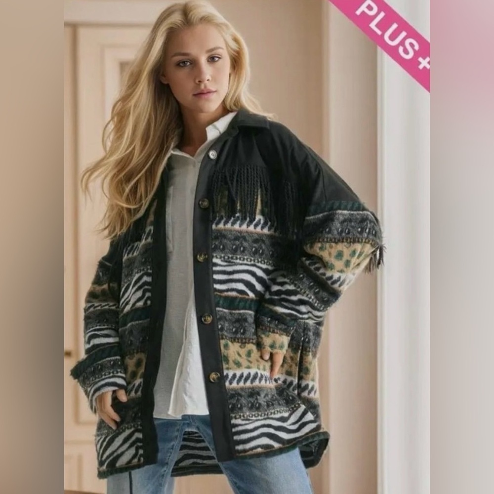 NWT!Plus Size Fringe Button Down Long Sleeve Loose Fit Jacket Sizes 1X 2X 3X
